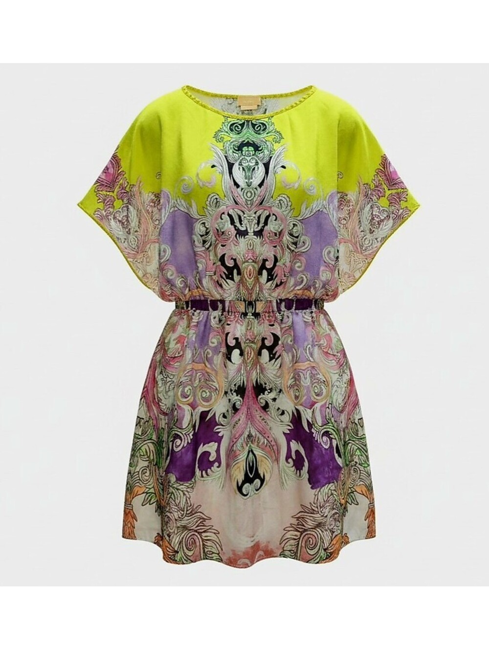 Miss Sixty Y2K 90's 100% Silk Mini Dress Womens Small Purple Lime Green Tattoo